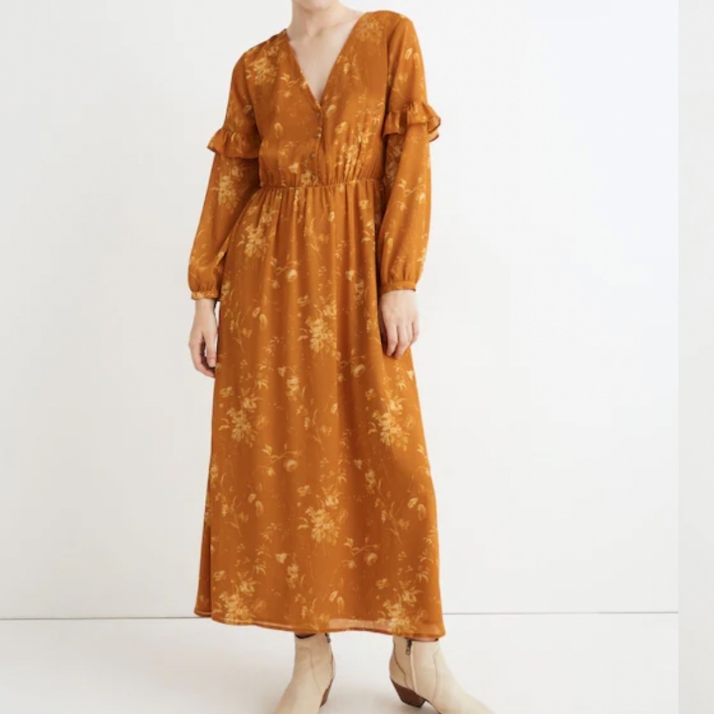 Madewell Petite Ruffle Sleeve Dress in Tonal Botanical Size 4 Style #AF255